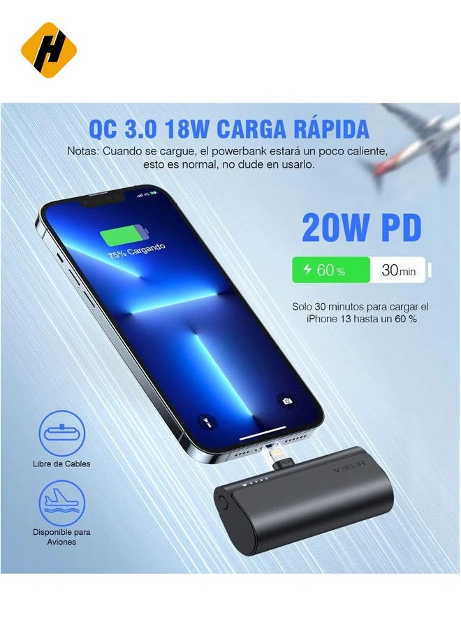 Mini Portable Powerbank 5000mAh – Fast Charging 20W PD & QC 3.0 External Battery with Built-in Plug, Compatible with iPhone 13/12/11/XR/X/8/7/6/Plus