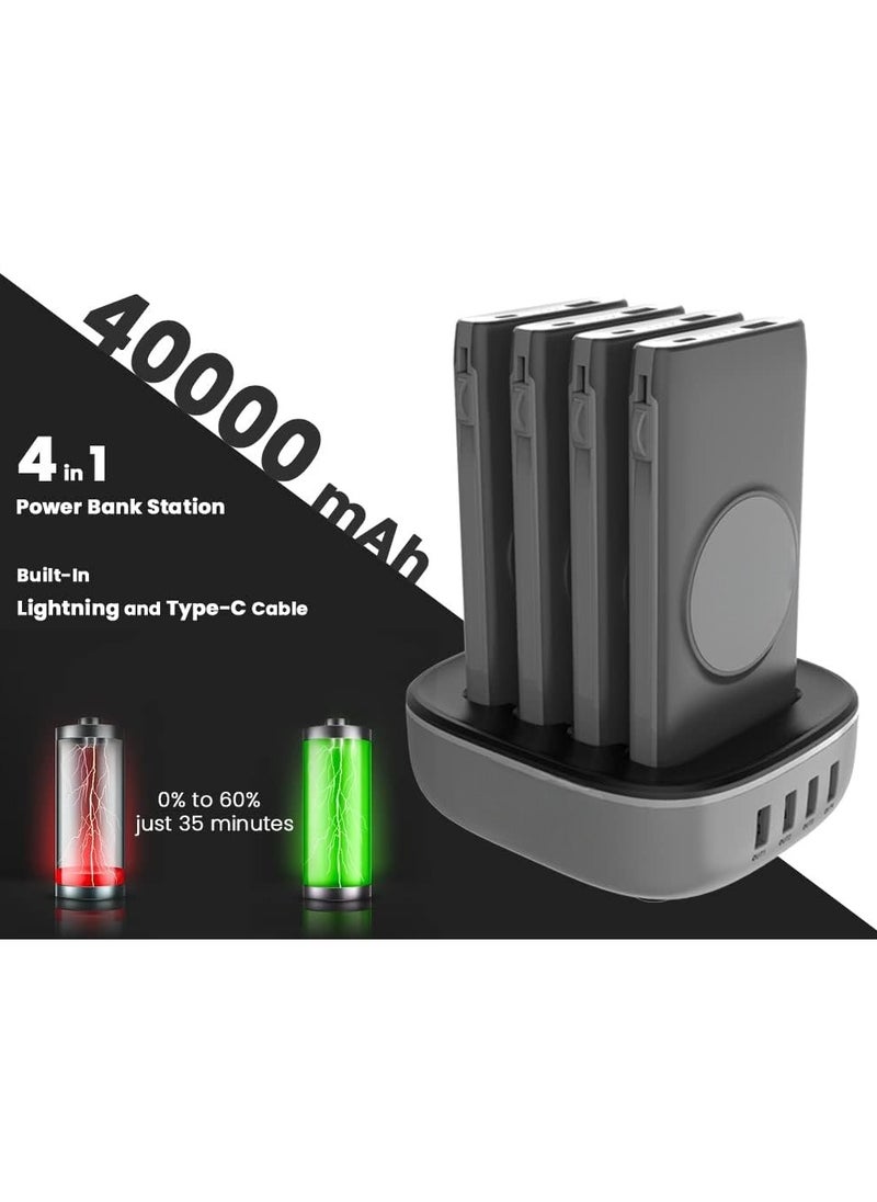 4in1 Station 10000mAh 20W PD QC Wireless Power Bank Built in Cable Compatible Lightning And TypeC Fast Wireless Charging Compact