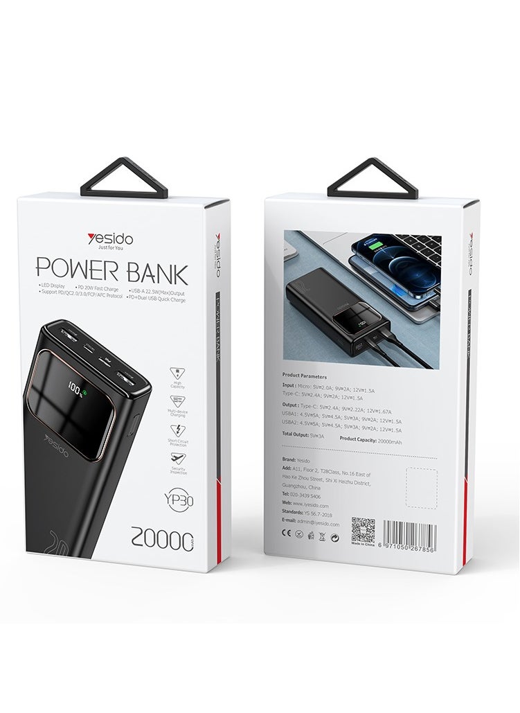 20000mAh power bank | fast charging charger | Yesido power bank |  Type-C and USB power bank | LCD screen power bank | travel-friendly power bank