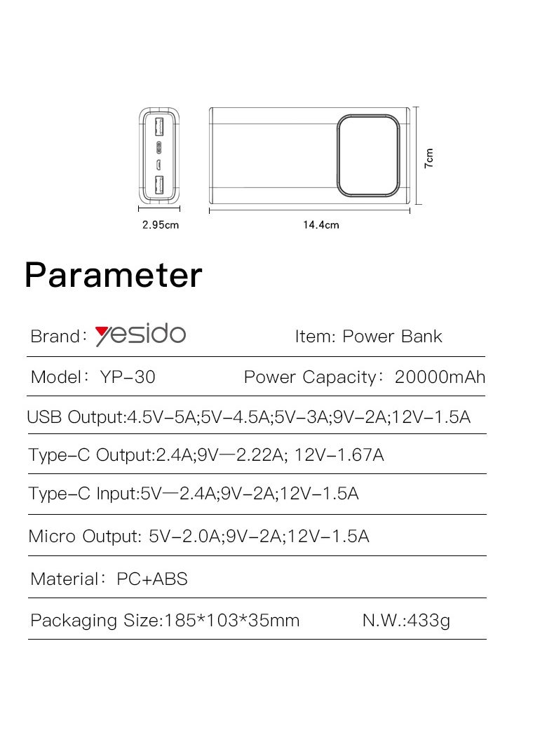20000mAh power bank | fast charging charger | Yesido power bank |  Type-C and USB power bank | LCD screen power bank | travel-friendly power bank