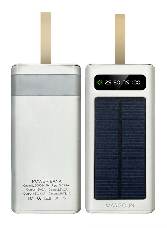 50000 mAh New Solar Power Bank Outdoor Portable Fast Charge External Battery 4 USB Port Phone Charger With LED Light White