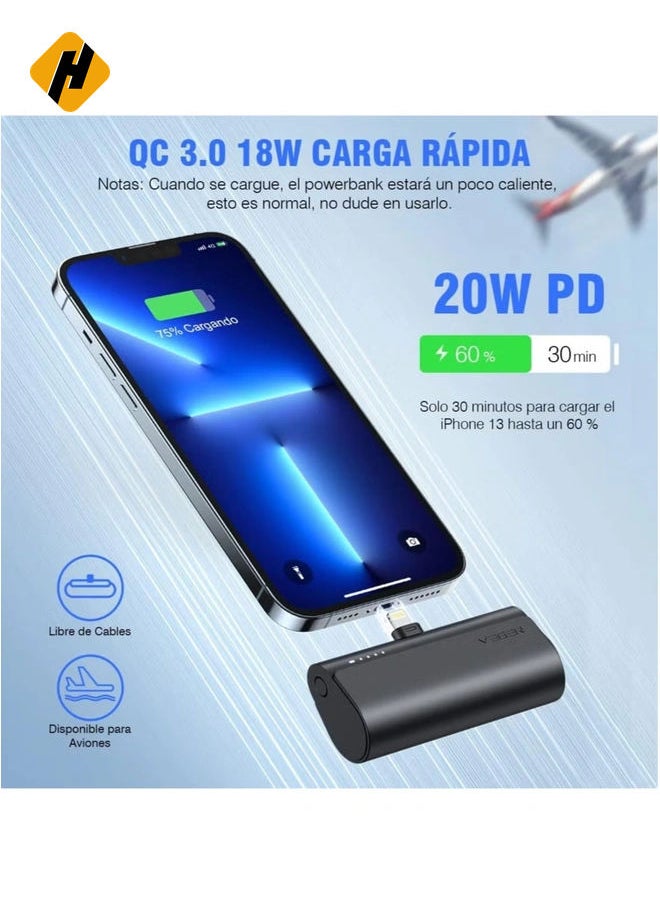 Mini Portable Powerbank 5000mAh Fast Charging 20W PD QC 3.0 External Battery Built in Plugin Use Portable Charger Compatible for iPhone 13/12/11/XR/X/8/7/6/Plus