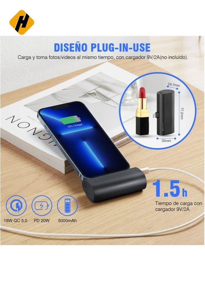 Mini Portable Powerbank 5000mAh Fast Charging 20W PD QC 3.0 External Battery Built in Plugin Use Portable Charger Compatible for iPhone 13/12/11/XR/X/8/7/6/Plus