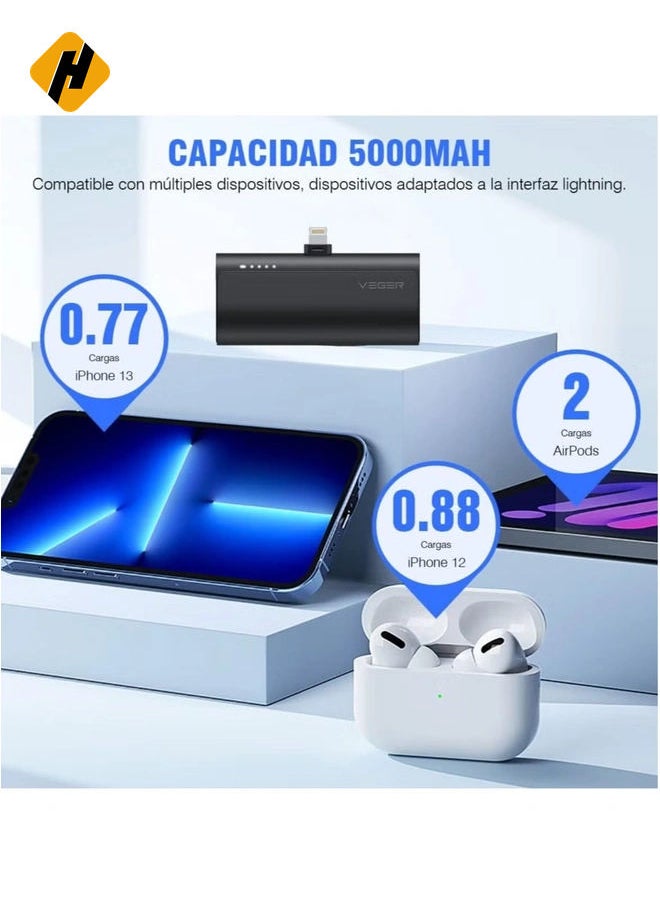 Mini Portable Powerbank 5000mAh Fast Charging 20W PD QC 3.0 External Battery Built in Plugin Use Portable Charger Compatible for iPhone 13/12/11/XR/X/8/7/6/Plus