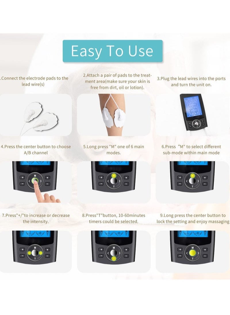 24 Modes Dual Channel TENS Muscle Stimulator EMS Pulse Rechargeable Full Body Massage Acupuncture Machine with 10 Pads