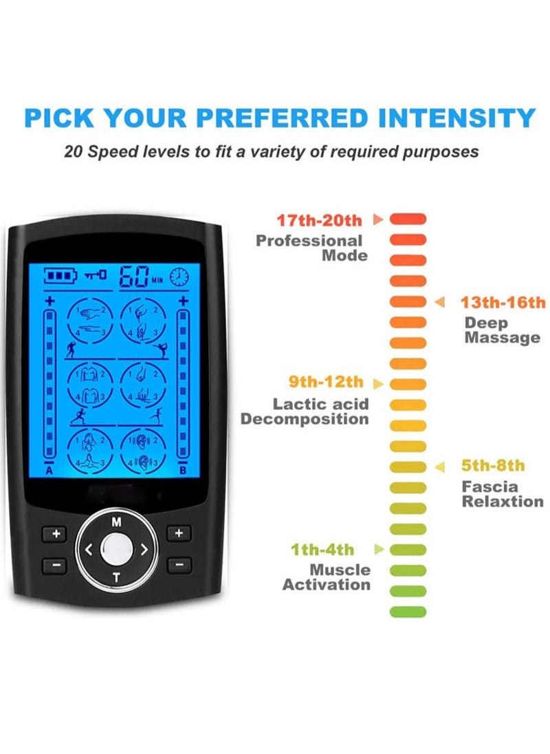 24 Modes Dual Channel TENS Muscle Stimulator EMS Pulse Rechargeable Full Body Massage Acupuncture Machine with 10 Pads