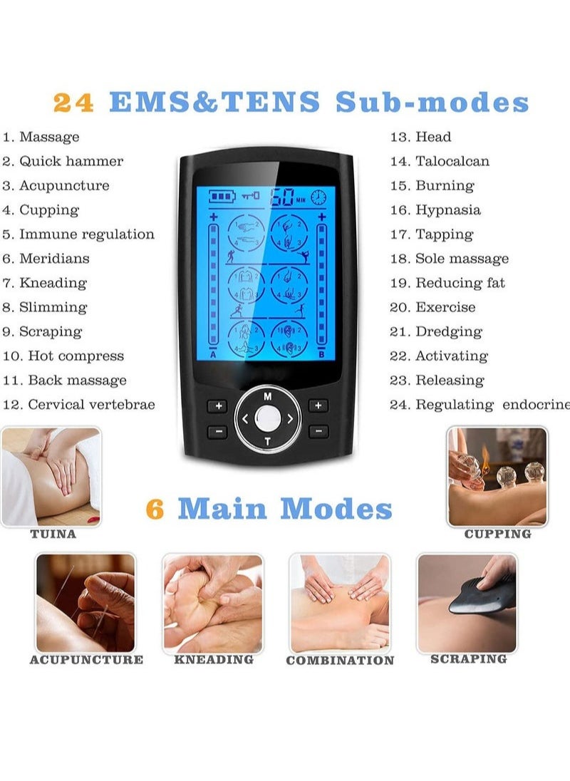 24 Modes Dual Channel TENS Muscle Stimulator EMS Pulse Rechargeable Full Body Massage Acupuncture Machine with 10 Pads