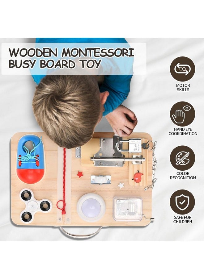 Montessori Busy Board For Toddler 1-3, 11 In 1 Wooden Toddler Busy Board With Light/Locks/Fingerprint Gyro, Sensory Activity Board For Fine Motor Skills, Travel Board For Toddler Birthday Gift