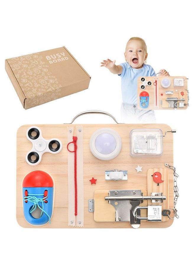 Montessori Busy Board For Toddler 1-3, 11 In 1 Wooden Toddler Busy Board With Light/Locks/Fingerprint Gyro, Sensory Activity Board For Fine Motor Skills, Travel Board For Toddler Birthday Gift