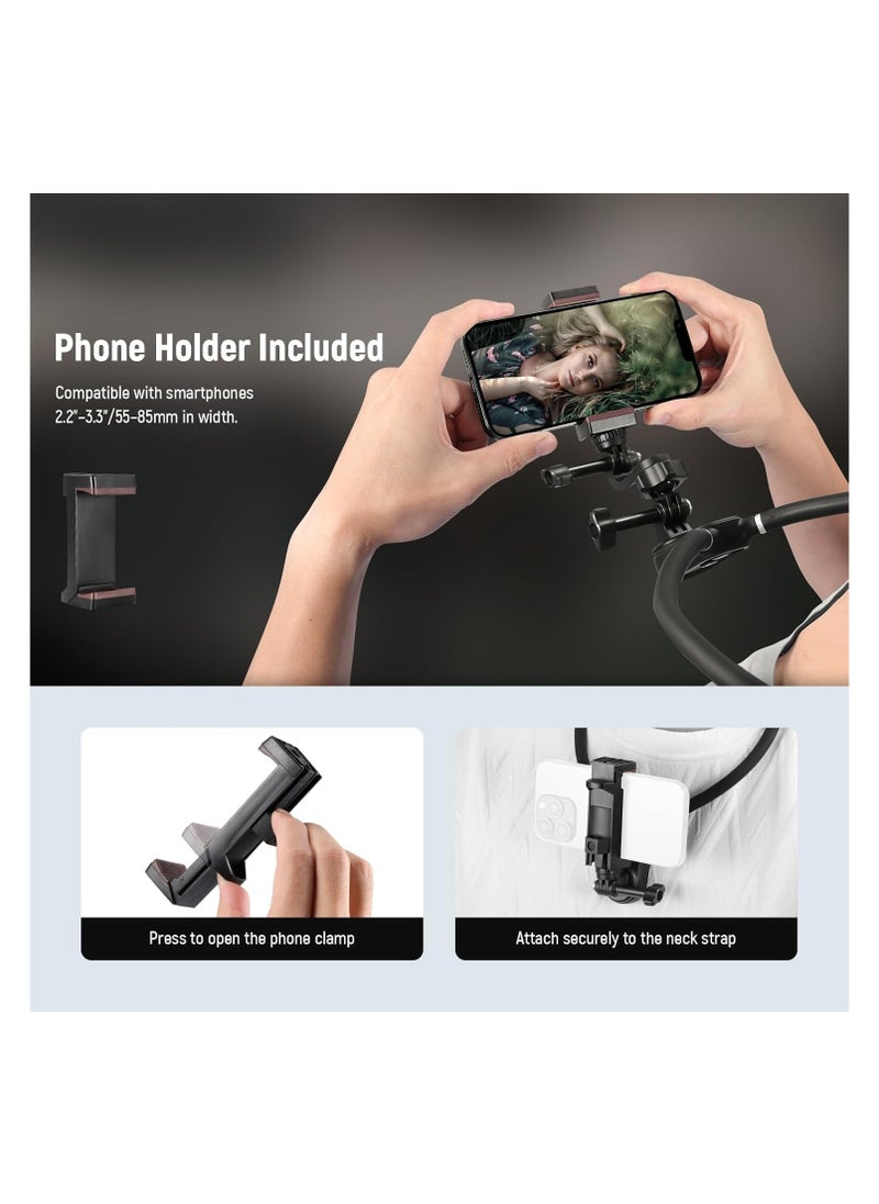 Magnetic Neck Mount Holder with Phone Clip Compatible with Hero 12 11 10 MAX DJI Action 4 Insta360 iPhone Samsung, Quick Release POV Action Camera Necklace Mounting Vlog Aceessories, GP15