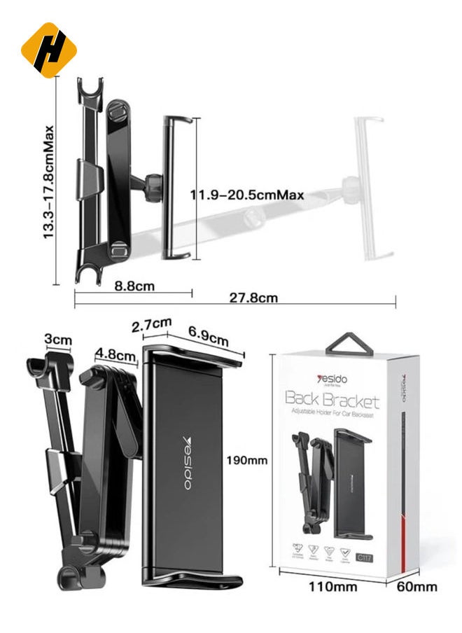 C117 Car Tablet Headrest Mount Tablet Holder For Car Seat 360 Degree Rotation Compatible With 4.7Inch To 12.9 Inch, Compatible With Tablets/Iphone 13/Ipads/Smartphones