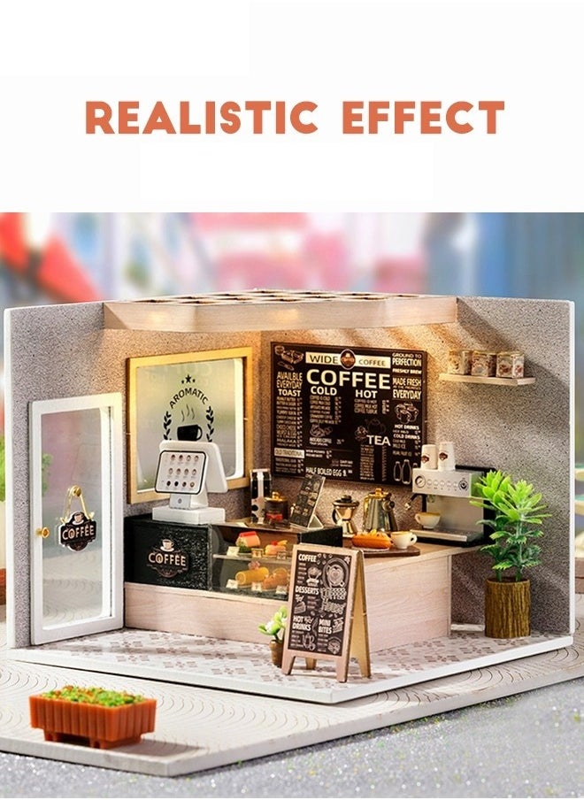 DIY Miniature Dollhouse Kit, 3D Wooden Mini DIY Doll House Accessories with Furniture for Kids Teens Adults （Leisurely Coffee Shop)