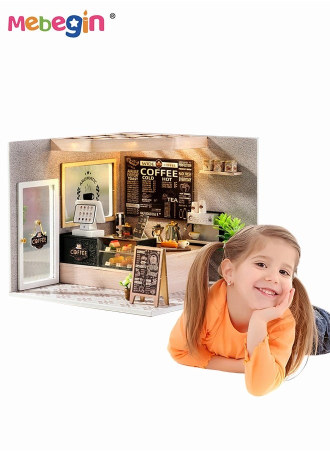 DIY Miniature Dollhouse Kit, 3D Wooden Mini DIY Doll House Accessories with Furniture for Kids Teens Adults （Leisurely Coffee Shop)