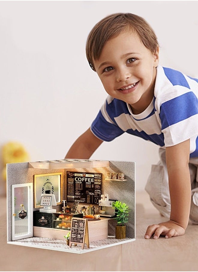 DIY Miniature Dollhouse Kit, 3D Wooden Mini DIY Doll House Accessories with Furniture for Kids Teens Adults （Leisurely Coffee Shop)