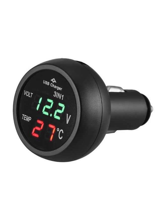 1 x 5 pcs 3-in-1 Car USB Charger Voltmeter Thermometer Dual Display Green + red light