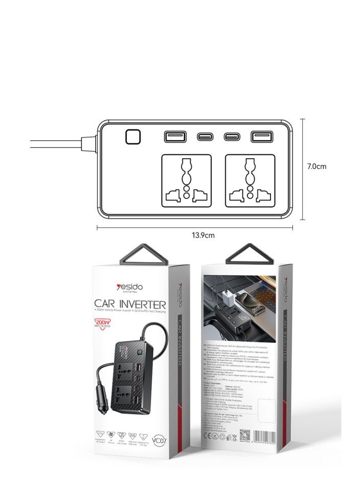 Yesido VC07 200W Car Inverter with USB QC3.0 & Type-C PD | Multi-Protection Fast Charger | Independent Switch