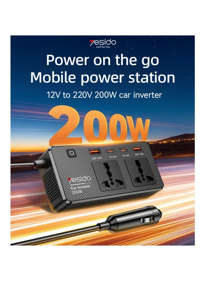 Yesido VC07 200W Car Inverter with USB QC3.0 & Type-C PD | Multi-Protection Fast Charger | Independent Switch