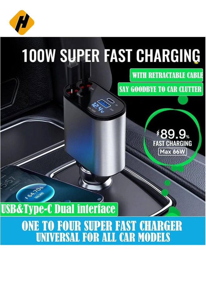 Portable Type-C Car Charger with Retractable Cable for Effortless Charging