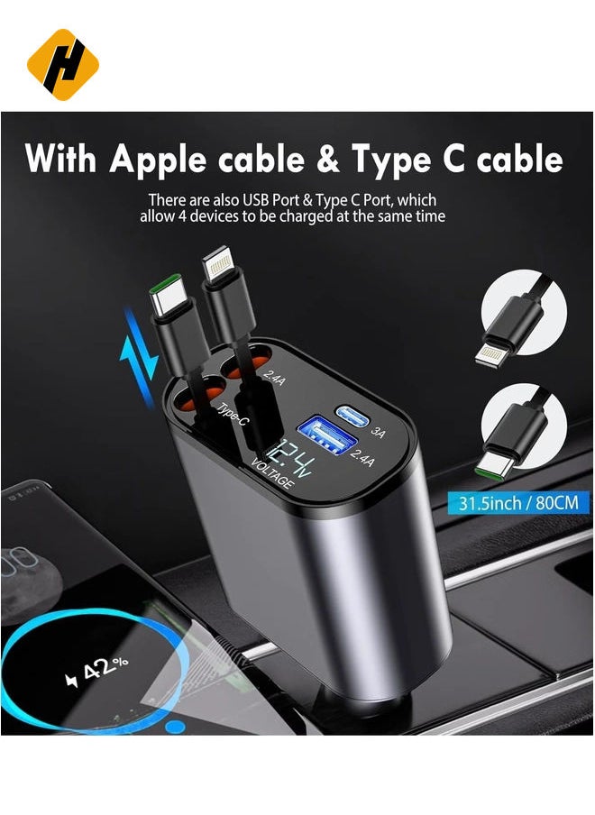 Portable Type-C Car Charger with Retractable Cable for Effortless Charging