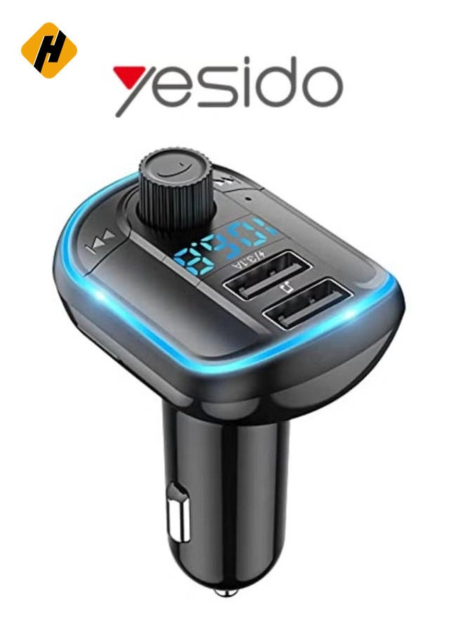 Yesido Y44 Bluetooth V5.0 FM Transmitter 3.1A Dual USB Car Charger RGB Backlit Light LED Digital Display Wireless Radio Adapter HiFi Music Play Car Kit with Mic Hands Free Calls