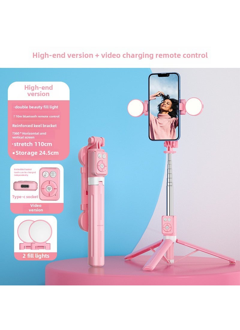 1.7M Multifunctional Selfie Stick Tripod Stand B12 pink-dual lights- 1.1m