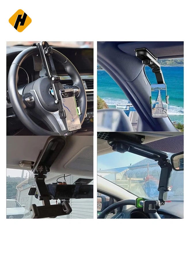 Car Phone Holder Mount Multifunctional Cell Phone Stand HIYITKS Universal Adjustable Arm Cradles Car Holder Mount Phone Car Clip Mount for Sun Visor Rearview Mirror Steering Wheel