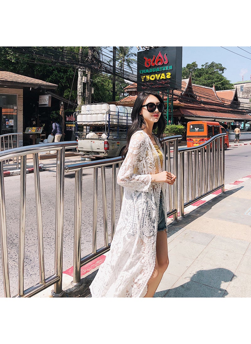 Womens Lace Embroidered Sheer Swimwear Long Cardigan White