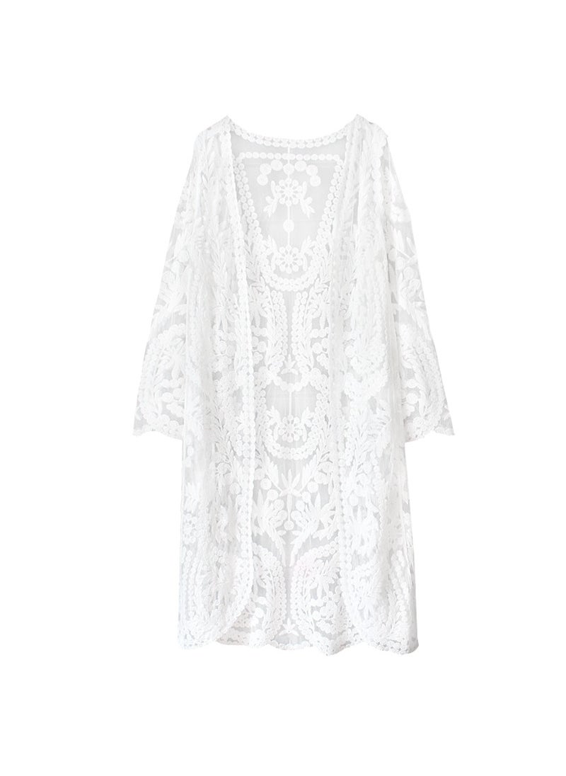 Womens Lace Embroidered Sheer Swimwear Long Cardigan White