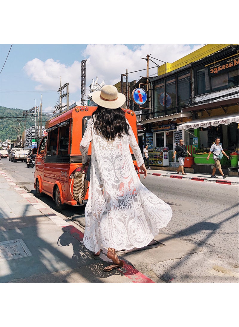 Womens Lace Embroidered Sheer Swimwear Long Cardigan White