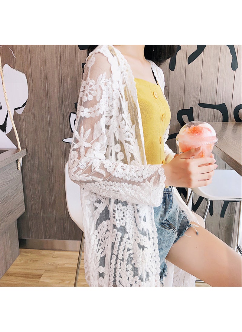 Womens Lace Embroidered Sheer Swimwear Long Cardigan White