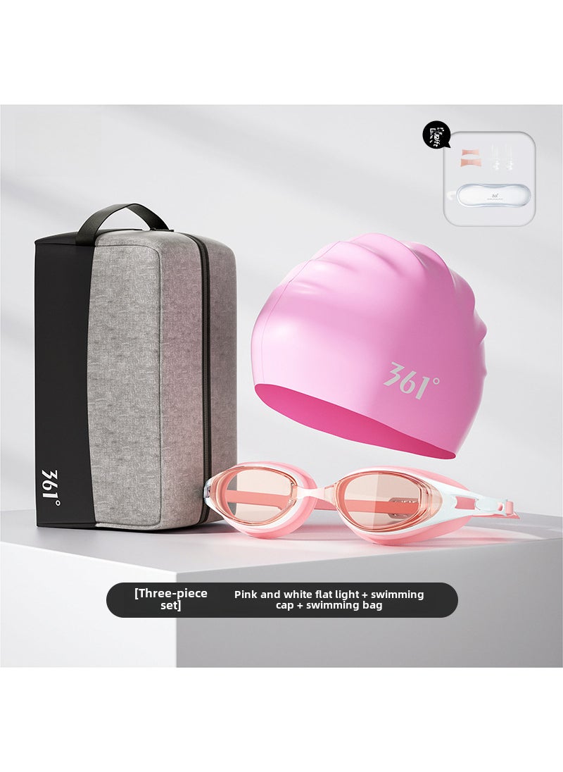 1 x 5 pcs 361 High-Definition Anti-Fog Swimming Goggles for Men and Women Pink suit [swimming goggles + swimming cap + wet and dry separation swimming bag]]