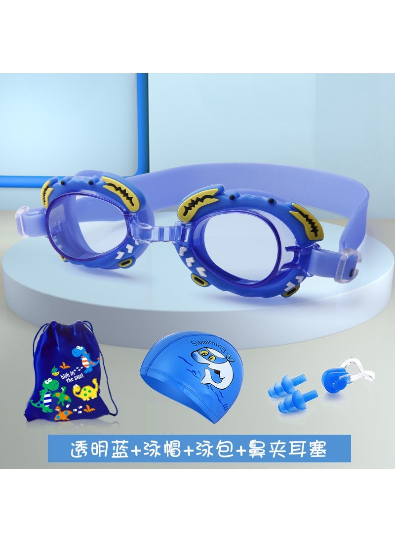 Kids Swim Goggles Cap Set Anti-Fog Waterproof Blue crab four-piece set