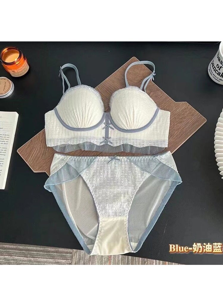 1 x 5 pcs Sweet Bubble Lace Shell Cup Bra Set for Small Chest Cream blue suit