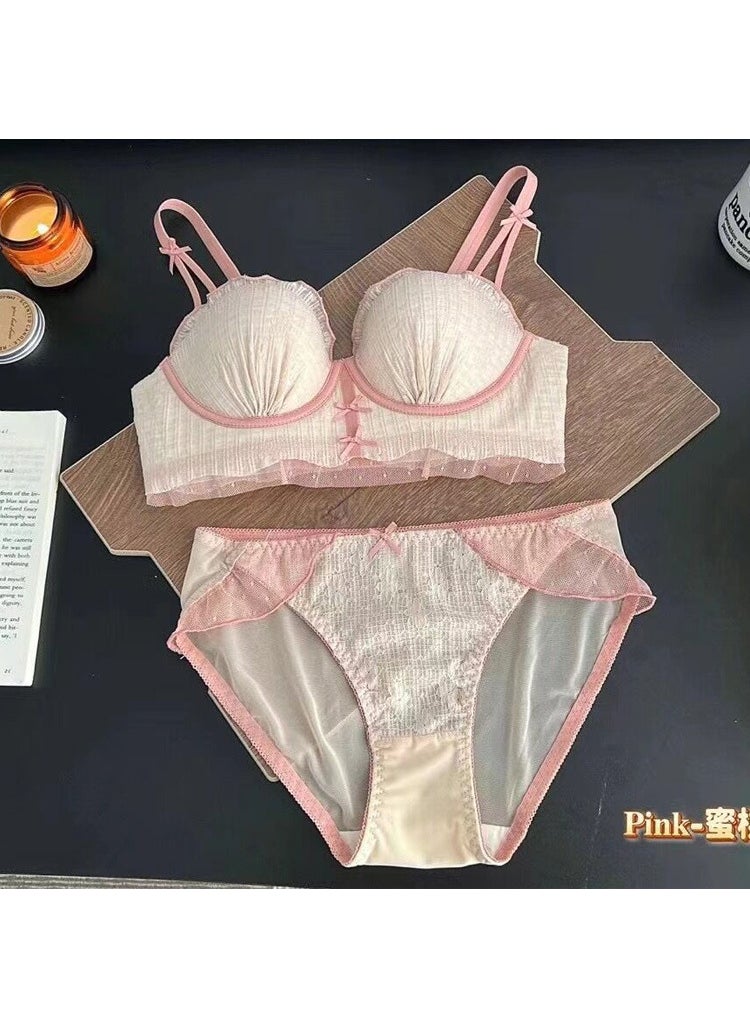 1 x 5 pcs Sweet Bubble Lace Shell Cup Bra Set for Small Chest Peach powder set