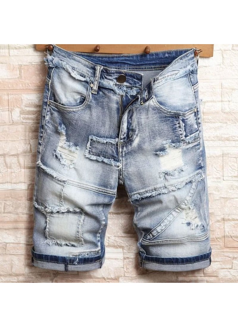 Summer Slim Fit Ripped Denim Shorts Men Light Blue