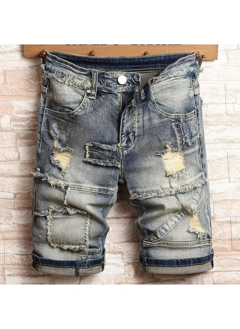 Summer Slim Fit Ripped Denim Shorts Men Retro