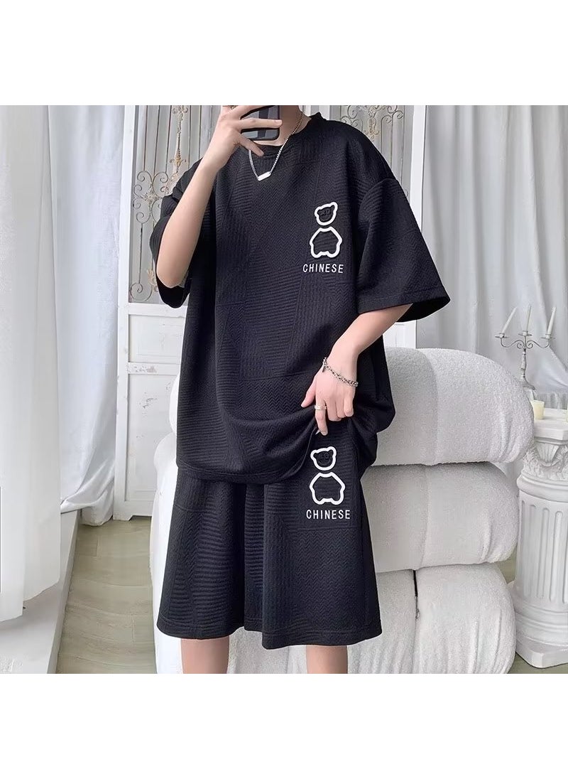 Mens Waffle Short Sleeve T-Shirt Casual Sport Shorts Set 2117 Black