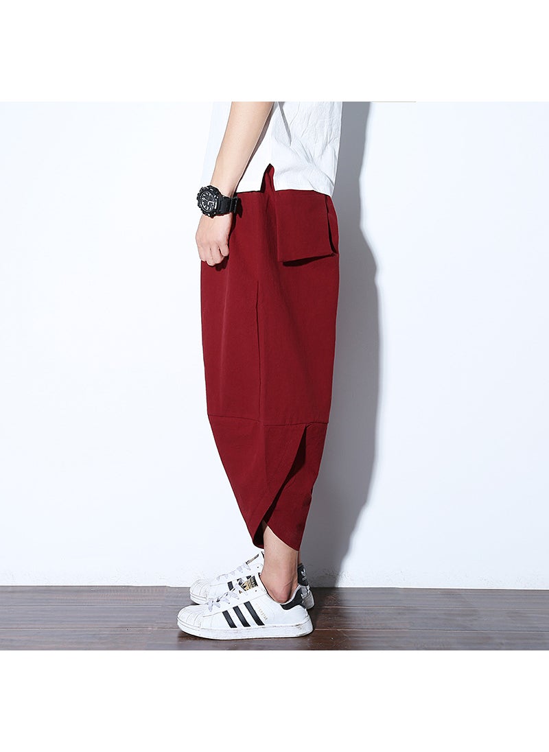 Summer Chinese Style Mens Capri Beach Pants Burgundy