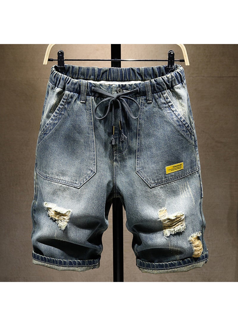 2023 Summer Elastic Waist Denim Shorts Men Loose Fit Retro blue QN#0605 high quality