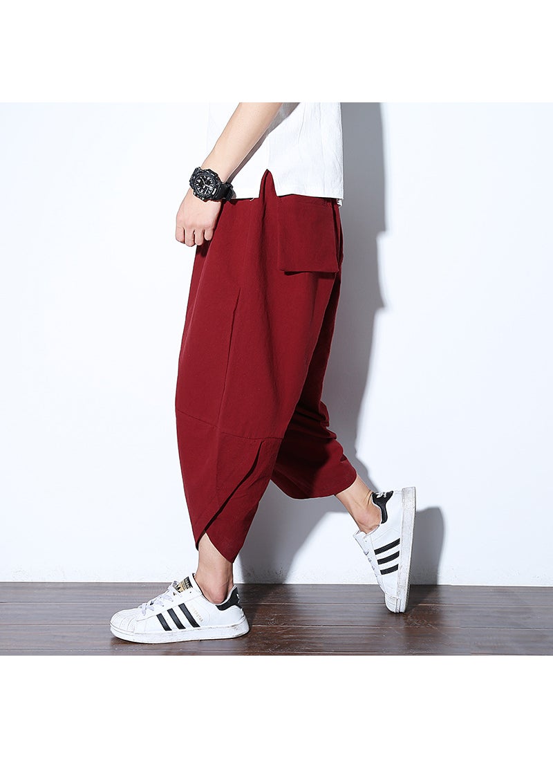 Summer Chinese Style Mens Capri Beach Pants Black