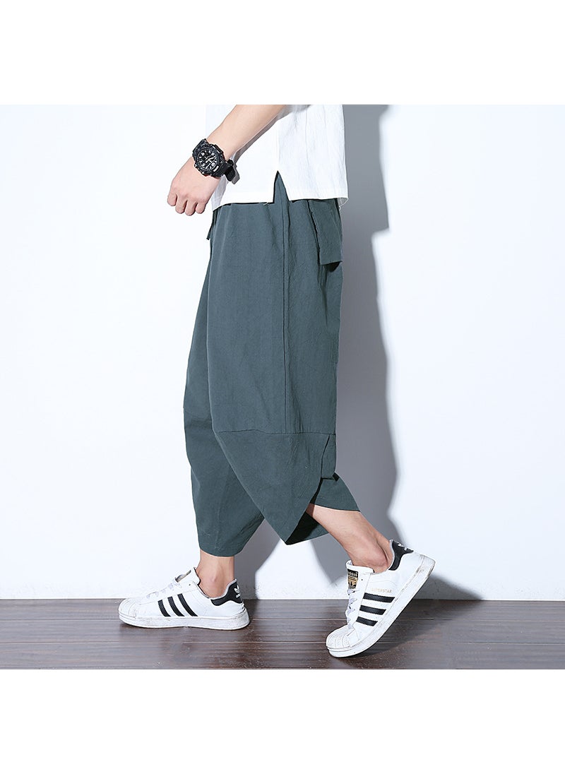 Summer Chinese Style Mens Capri Beach Pants Black