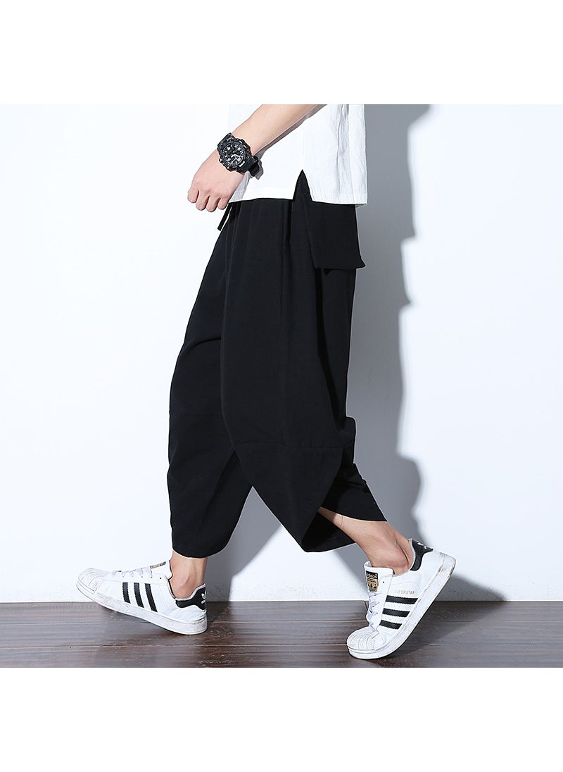 Summer Chinese Style Mens Capri Beach Pants Black