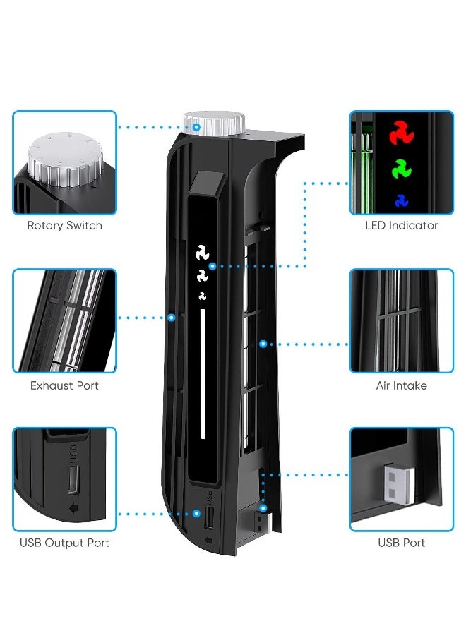 Cooling Fan Accessories for PS5, Centrifugal Three-stop Wind Host Powerful Cooler with Extended USB Port System PS5 CD-ROM and Digital Version (Black)