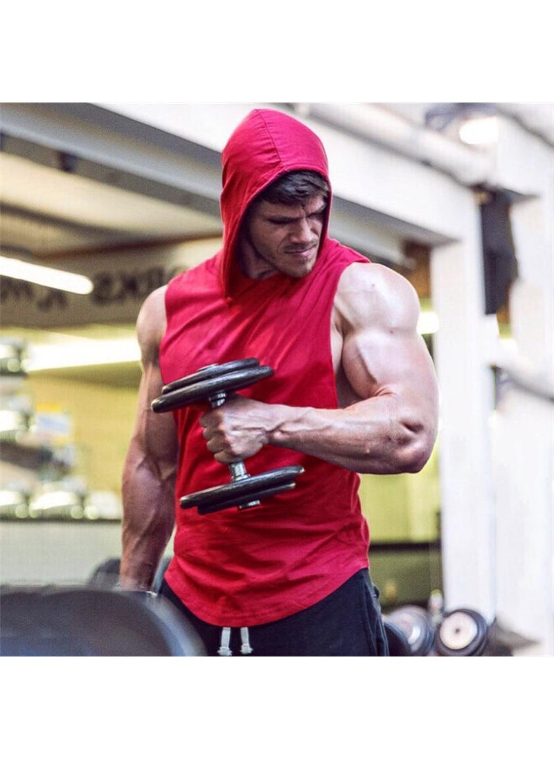 1 x 5 pcs Mens Muscle Loose Cotton Tank Hooded Gym Vest Red