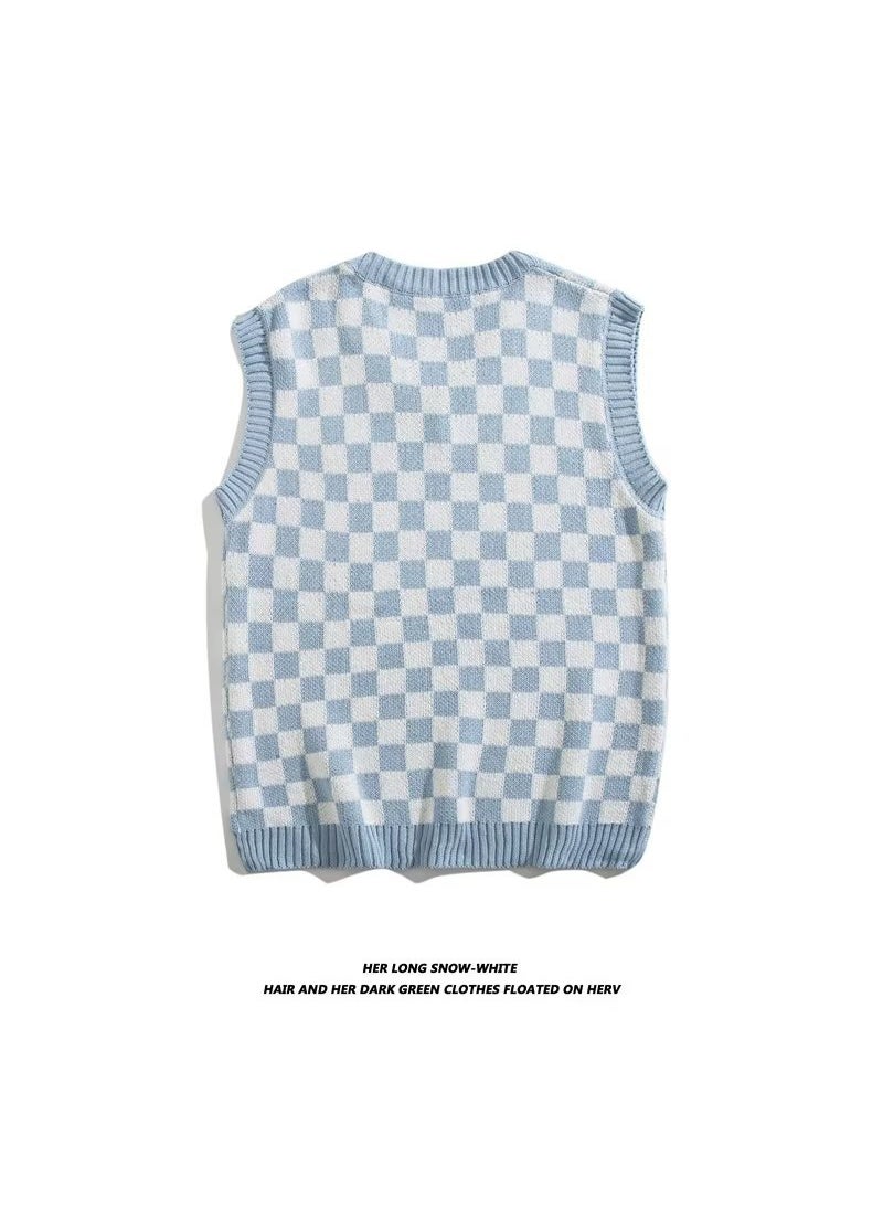 Korean Vintage Plaid V-Neck Sweater Vest Blue