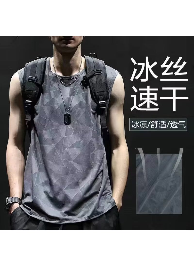 1 x 5 pcs Fitness Vest Mens Quick-drying 2023 Summer New Fashionable Sports Casual Mens Large Size Ice Silk Sleeveless T-shirt Dark gray