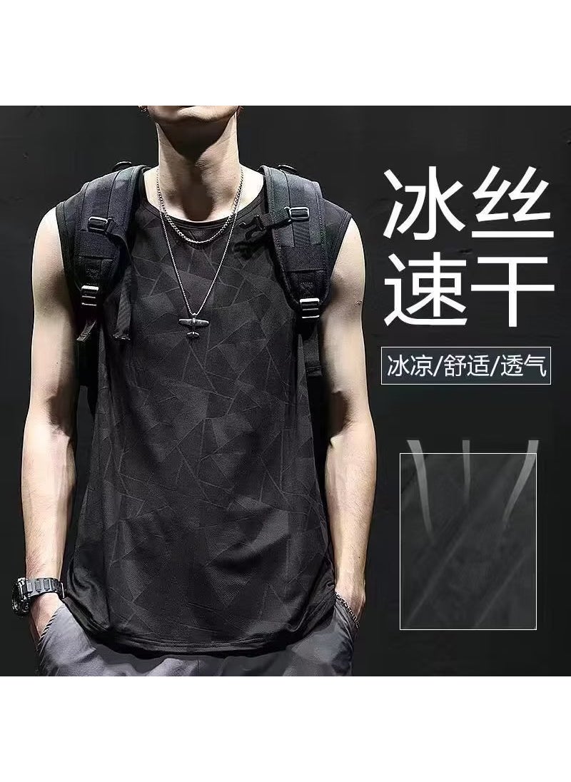 1 x 5 pcs Fitness Vest Mens Quick-drying 2023 Summer New Fashionable Sports Casual Mens Large Size Ice Silk Sleeveless T-shirt Black