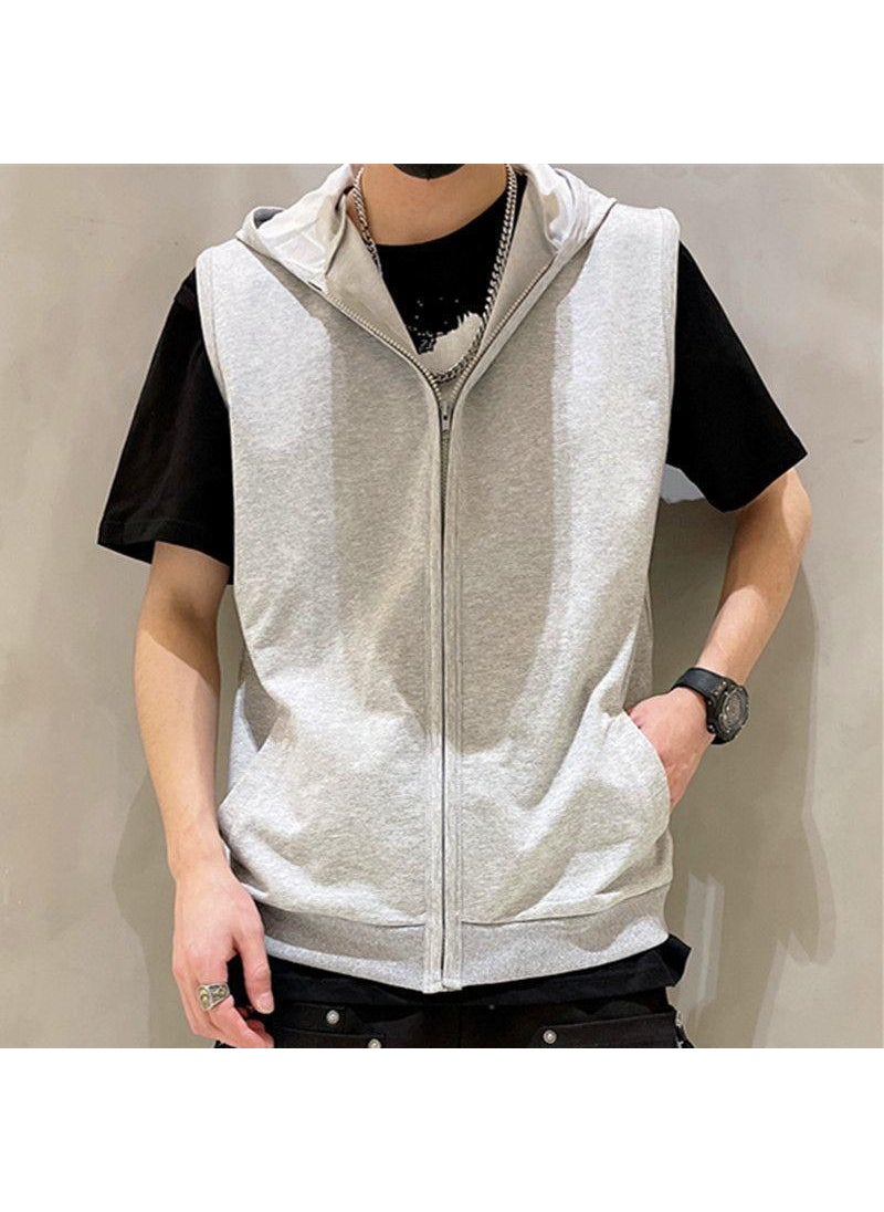 Mens Casual Spring Autumn Sleeveless Hooded Vest Light gray hooded