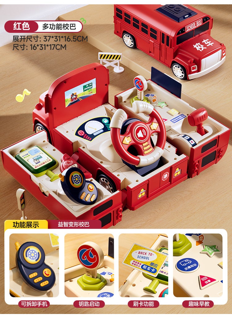 Kids Steering Wheel Bus Toy with Transforming Features Red School Bus