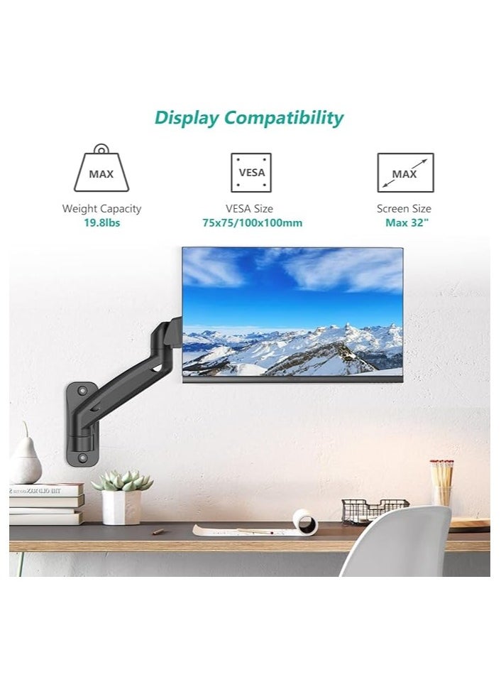 OFFICE Wall Mounted Monitor Stand for 13-32 Inch Monitors| 8Kg Weight Capacity| Monitor Stand for Wall | Adjustable Metal Wall Monitor Mount | Pneumatic Adjustable Monitor Arm